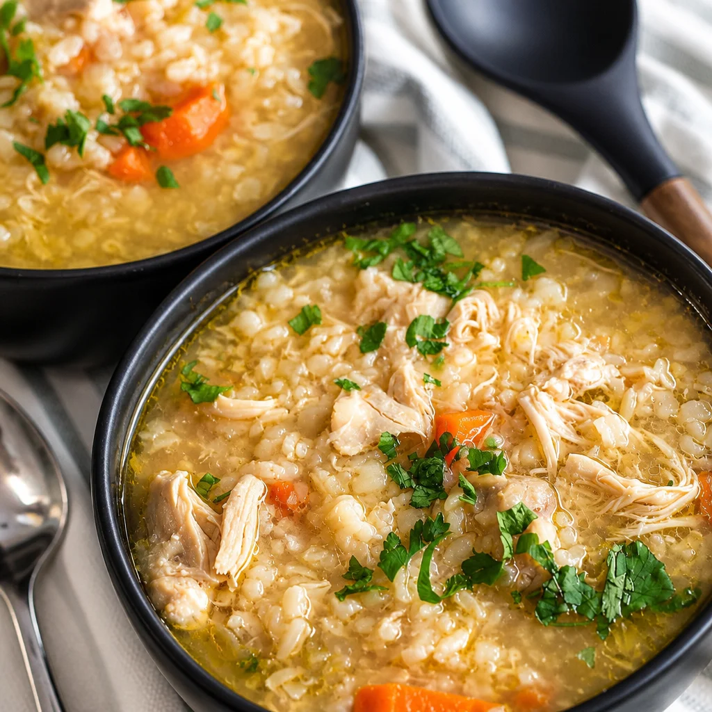Bowl of hearty Crock Pot Chicken and Rice Soup with chicken, vegetables, and spices.
