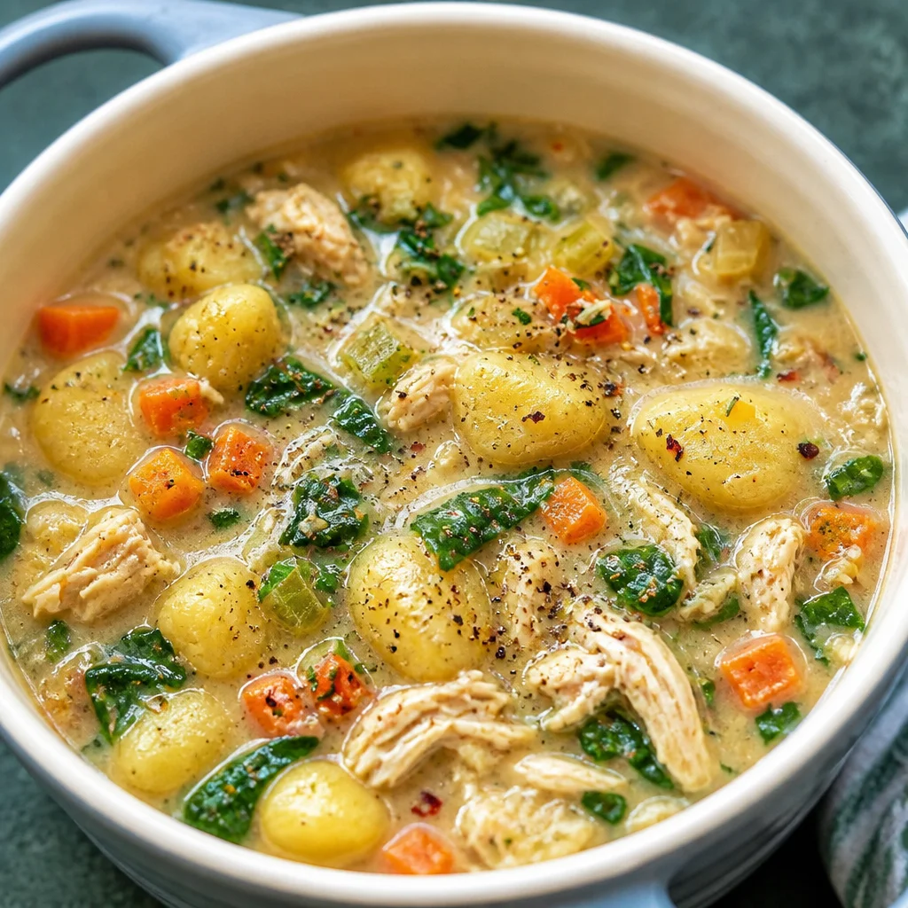 Bowl of creamy Crock Pot Chicken Gnocchi Soup with vegetables and gnocchi