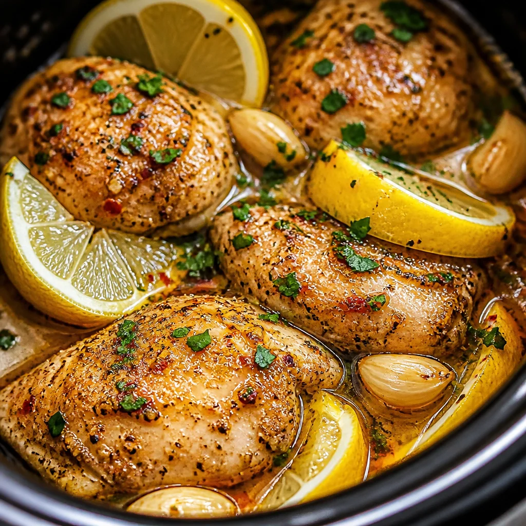 Crock Pot Lemon Garlic Chicken Thighs served with fresh herbs and lemon slices.