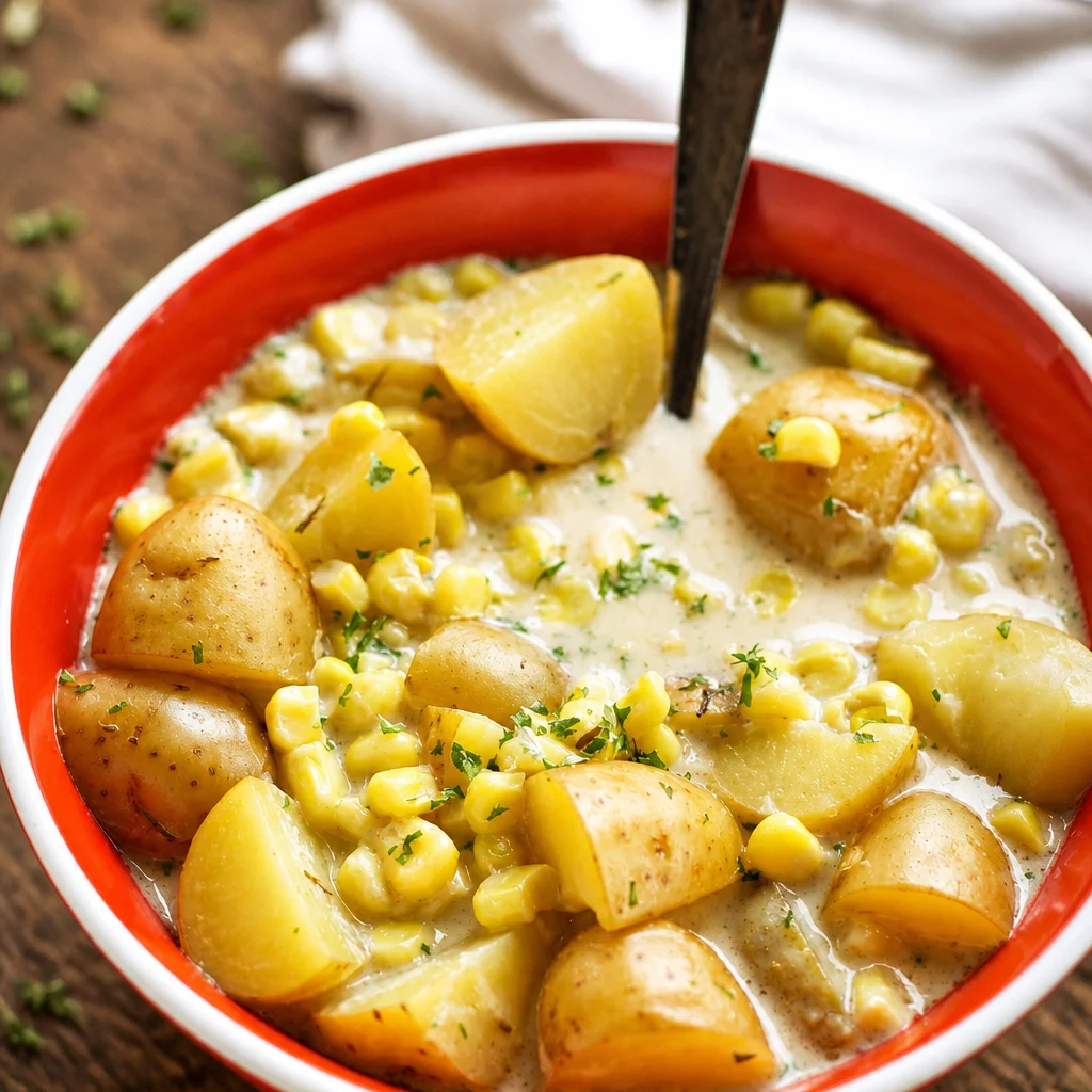 Bowl of creamy Crock Pot Potato and Corn Chowder with sweet corn and golden potatoes.