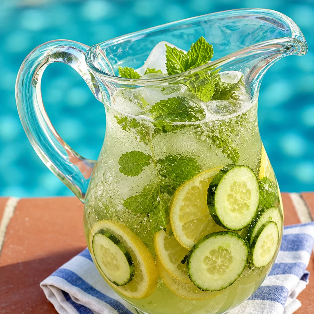 A refreshing glass of Cucumber Mint Lemonade with cucumber slices and mint leaves.