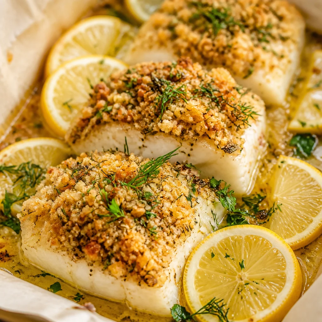 Delicious Easy Baked Cod with Lemon Herb Panko Crust served on a plate.
