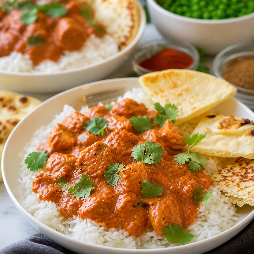 Delicious Easy Chicken Tikka Masala served with rice and garnished with fresh cilantro.