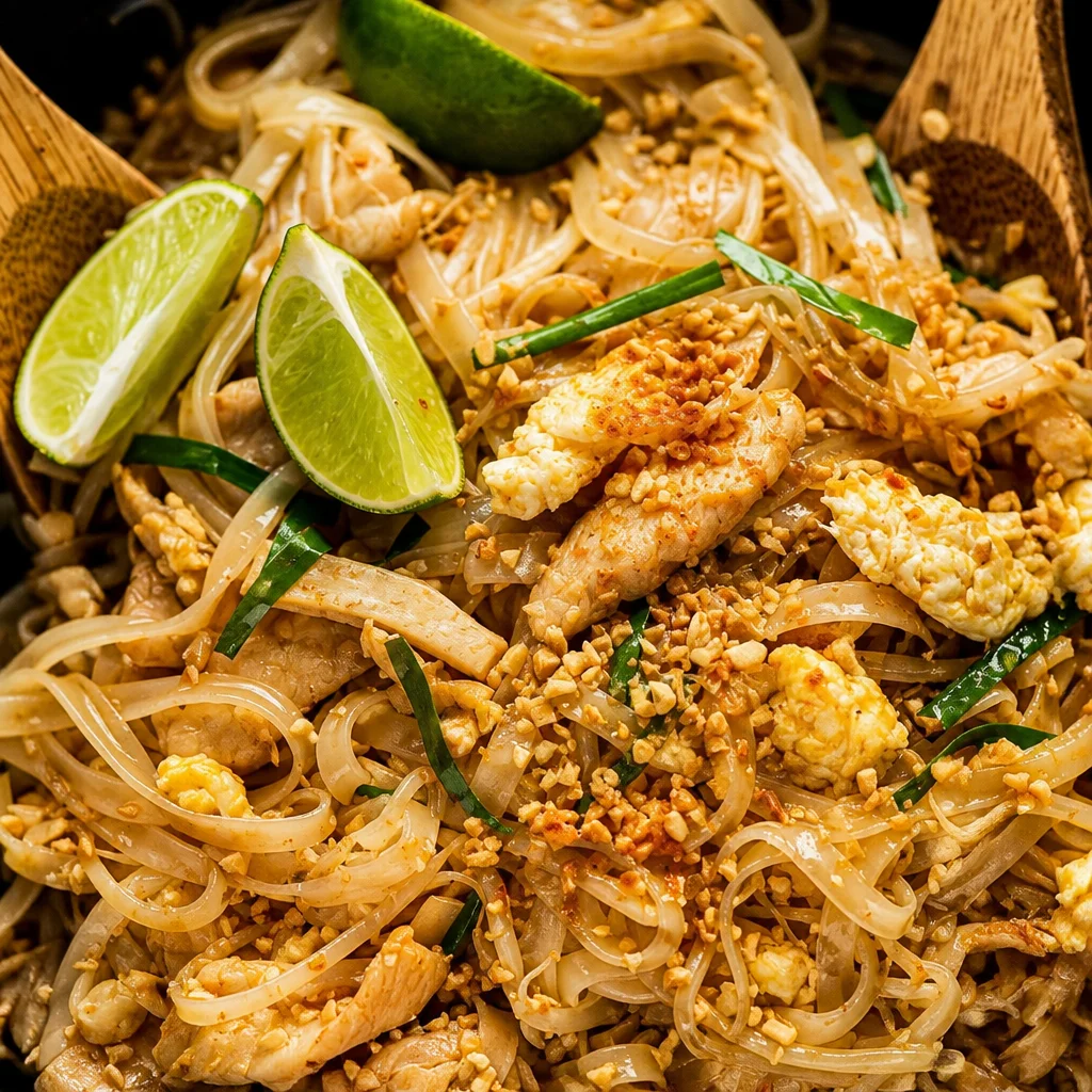 Delicious Easy Pad Thai with Chicken served in a bowl with fresh ingredients