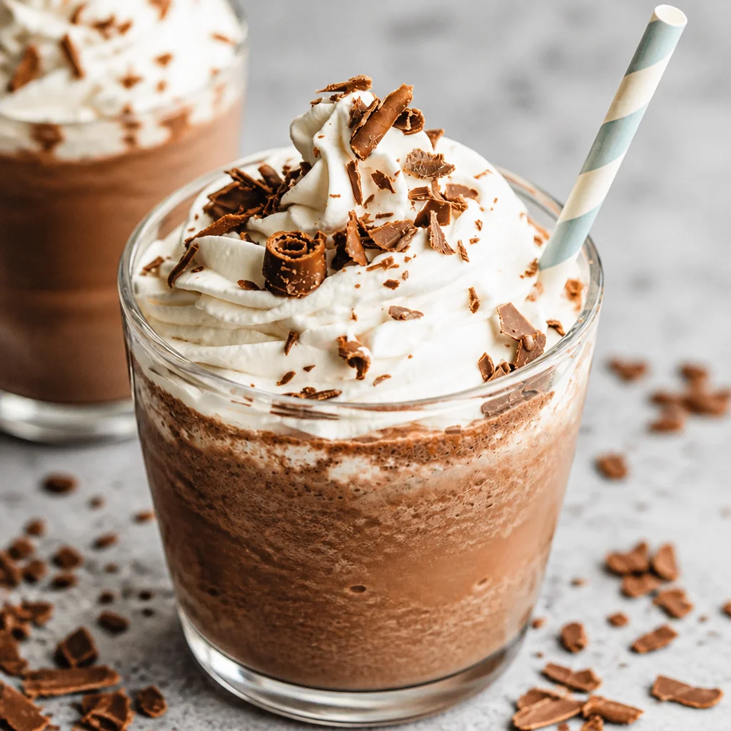 Delicious Frozen Hot Chocolate topped with whipped cream and chocolate sprinkles.