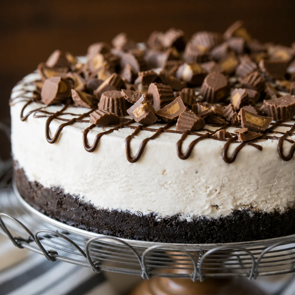Frozen Peanut Butter Cup Ice Cream Cake topped with peanut butter cups and whipped cream