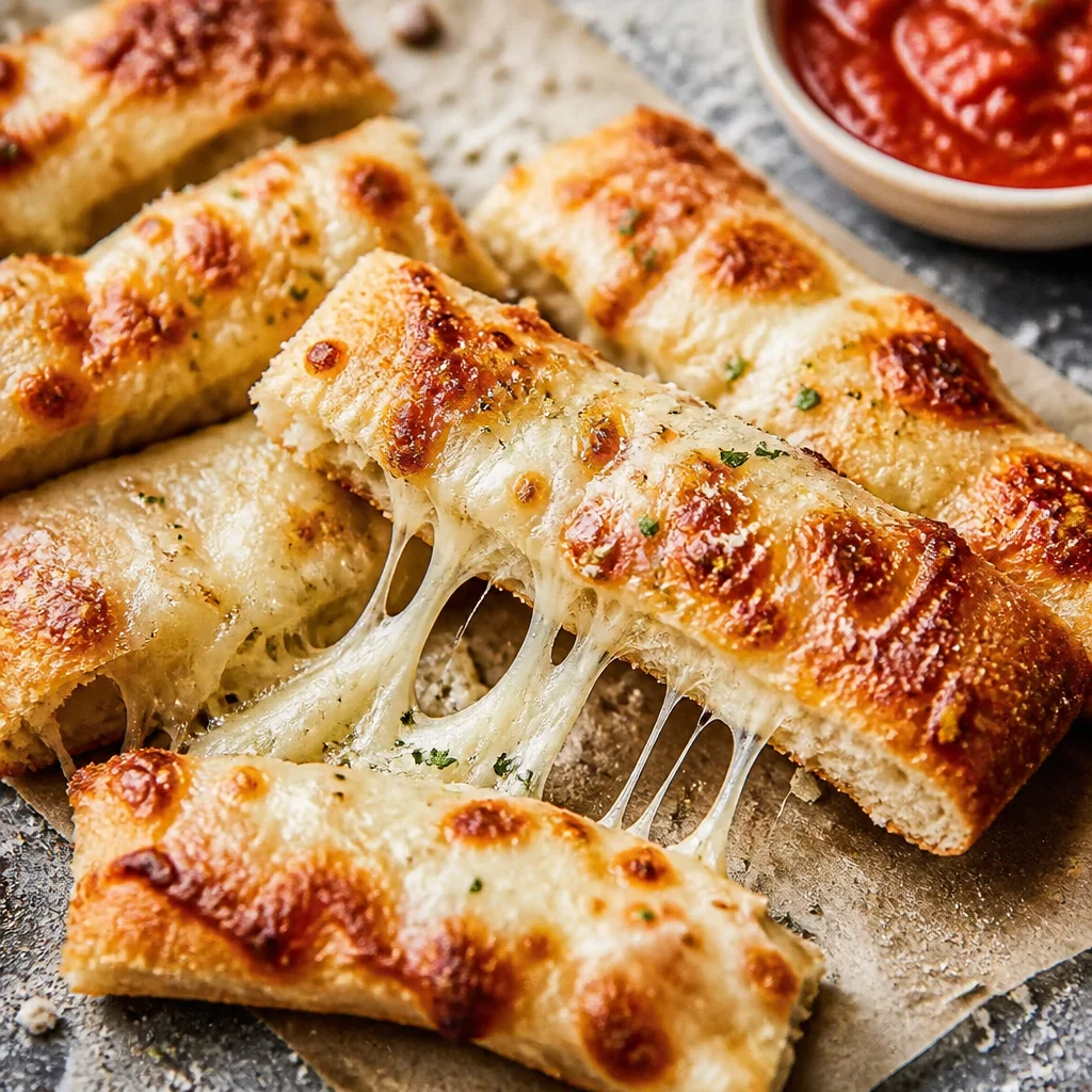 Delicious Garlic Bread Cheese Sticks topped with garlic butter and melted cheese.