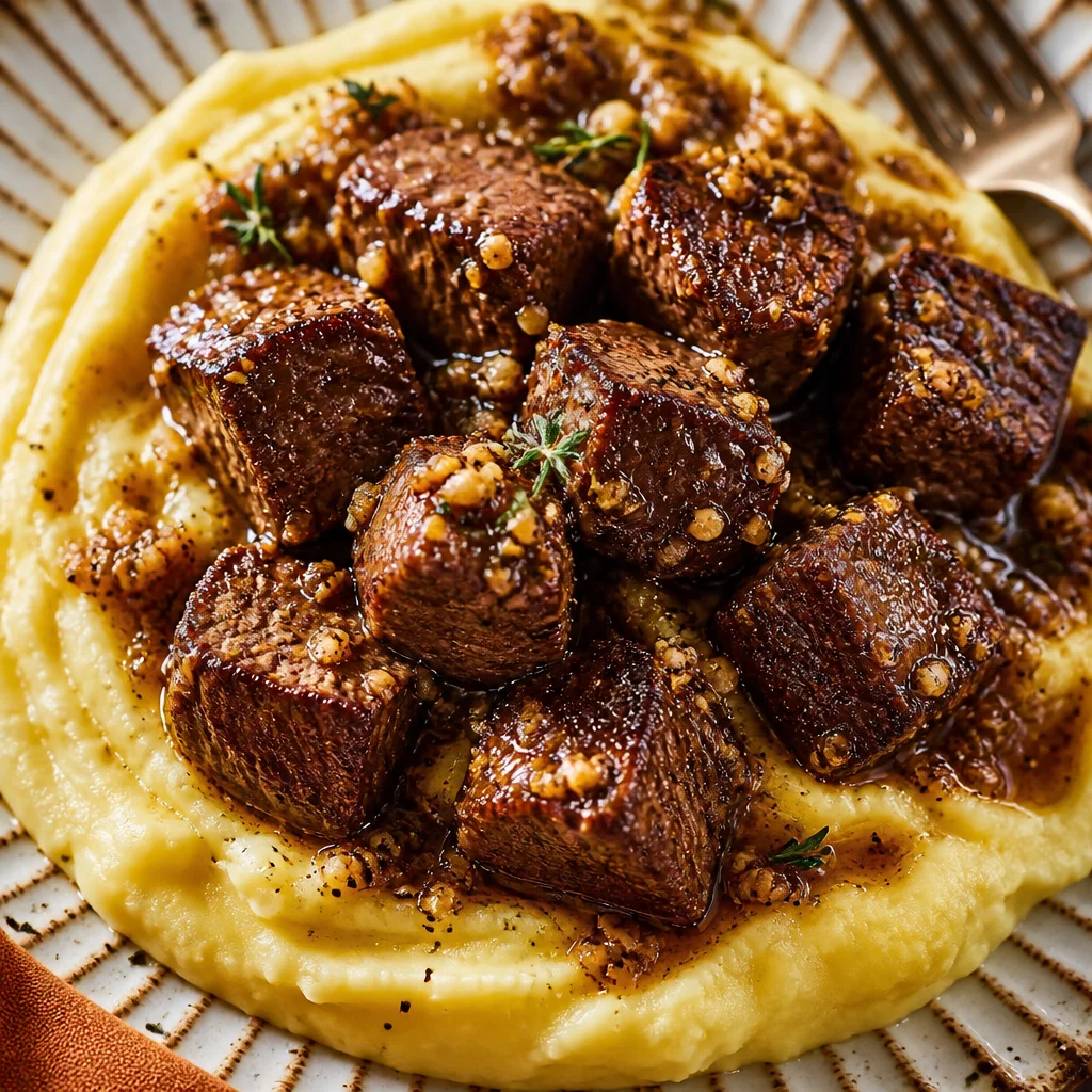 Tasty Garlic Butter Steak Bites served on top of creamy Loaded Mashed Potatoes.