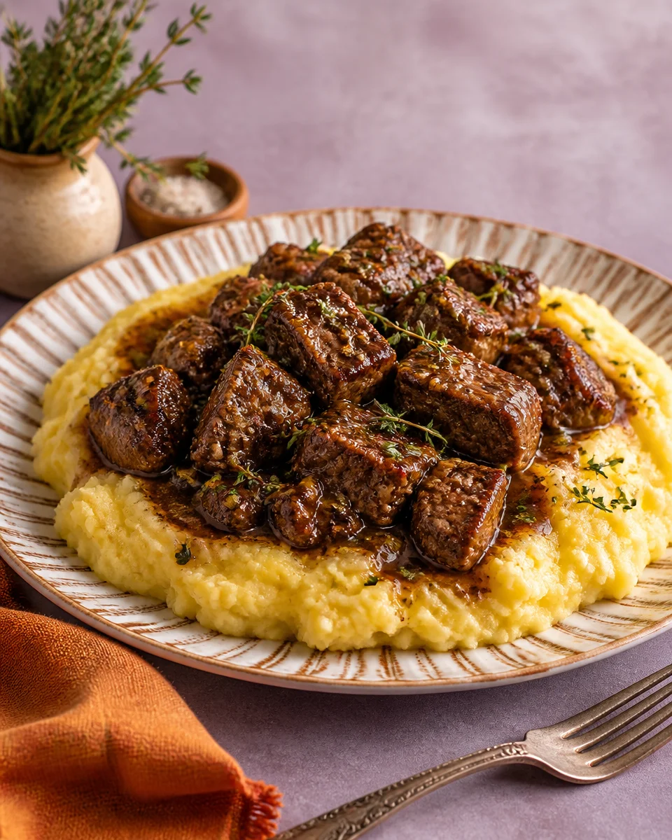 Garlic Butter Steak Bites and Loaded Mashed Potatoes