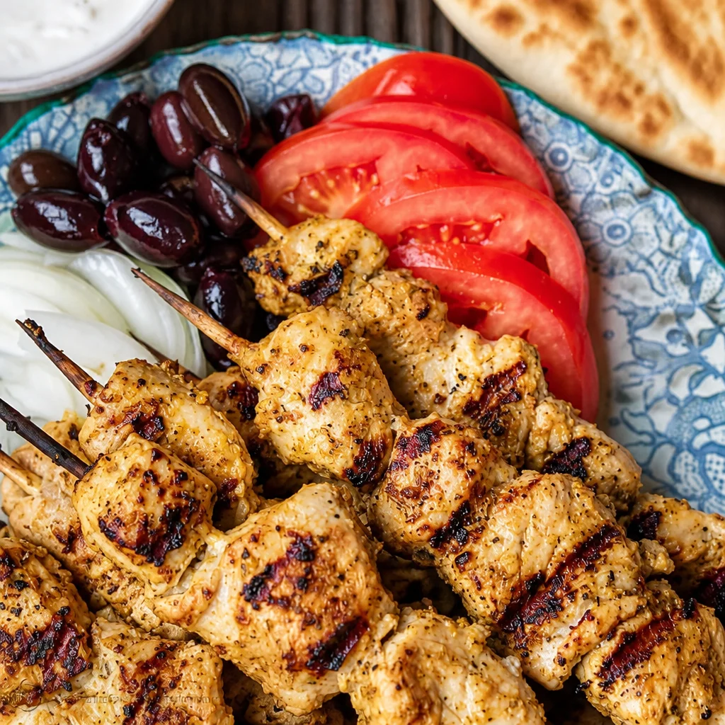 Delicious Greek Souvlaki skewers served with tzatziki sauce and fresh ingredients.