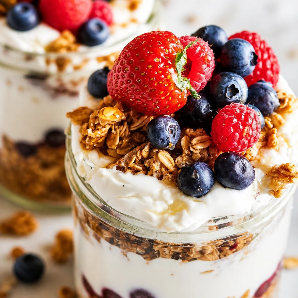Delicious Greek Yogurt Parfait with Honey and Granola topped with fresh fruits.