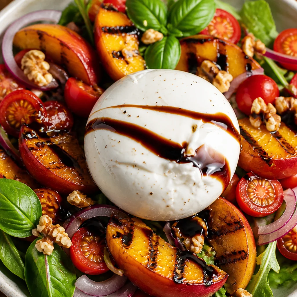 Delicious Grilled Peach and Burrata Salad with arugula and prosciutto on a plate.