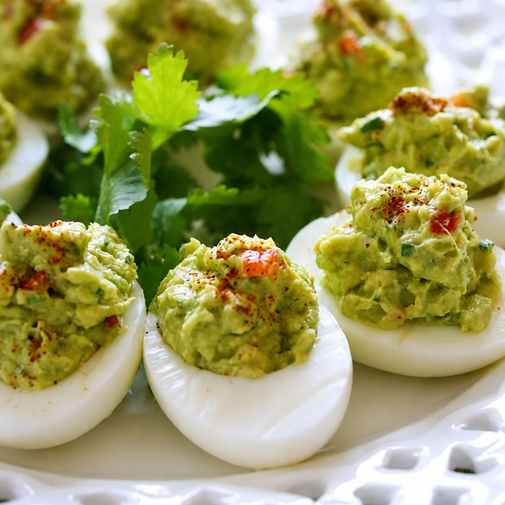 Guacamole Deviled Eggs filled with mashed avocado and garnished with cilantro.