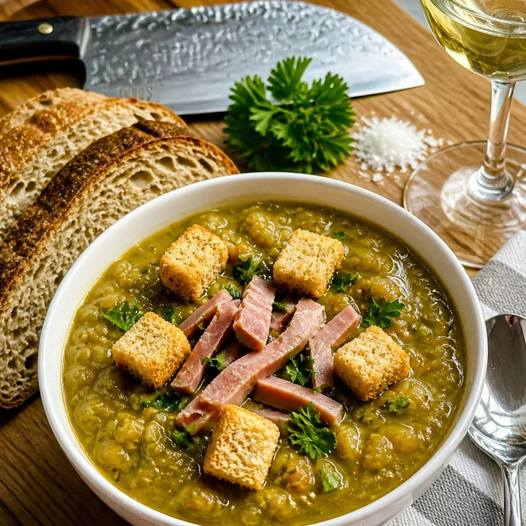 Delicious Ham and Split Pea Soup with tender peas and carrots.
