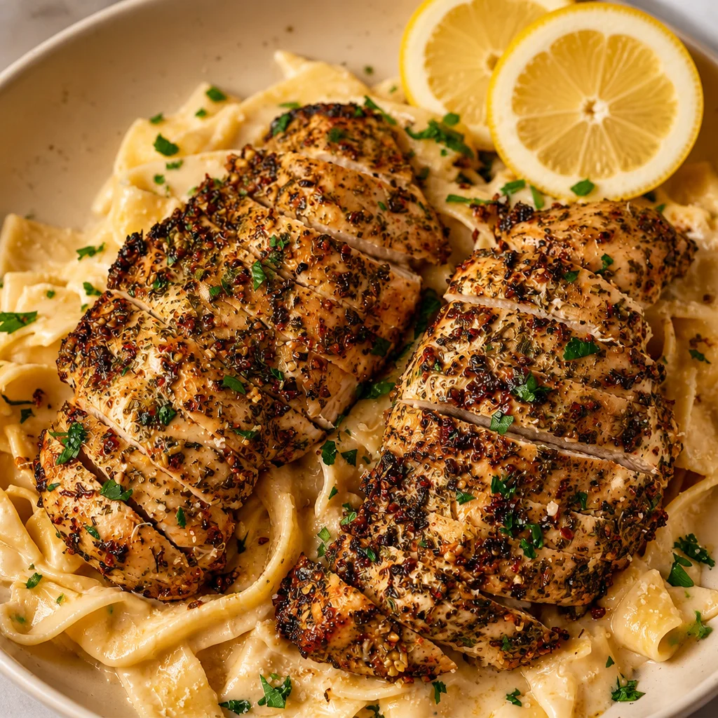 Creamy high protein chicken pasta with spinach and tomatoes, rich in flavor.