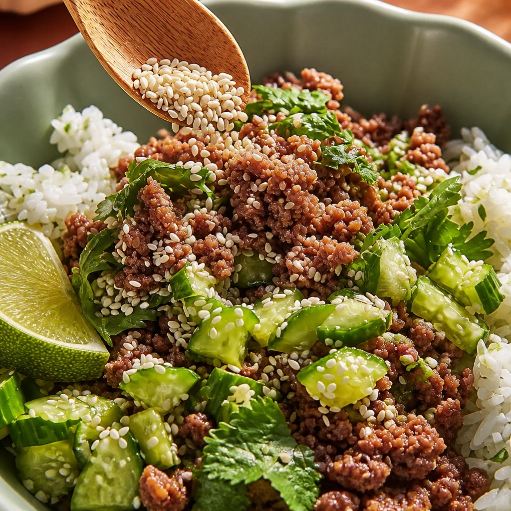 Honey Garlic Ground Beef and Rice Bowls with green onions and sesame seeds on top.