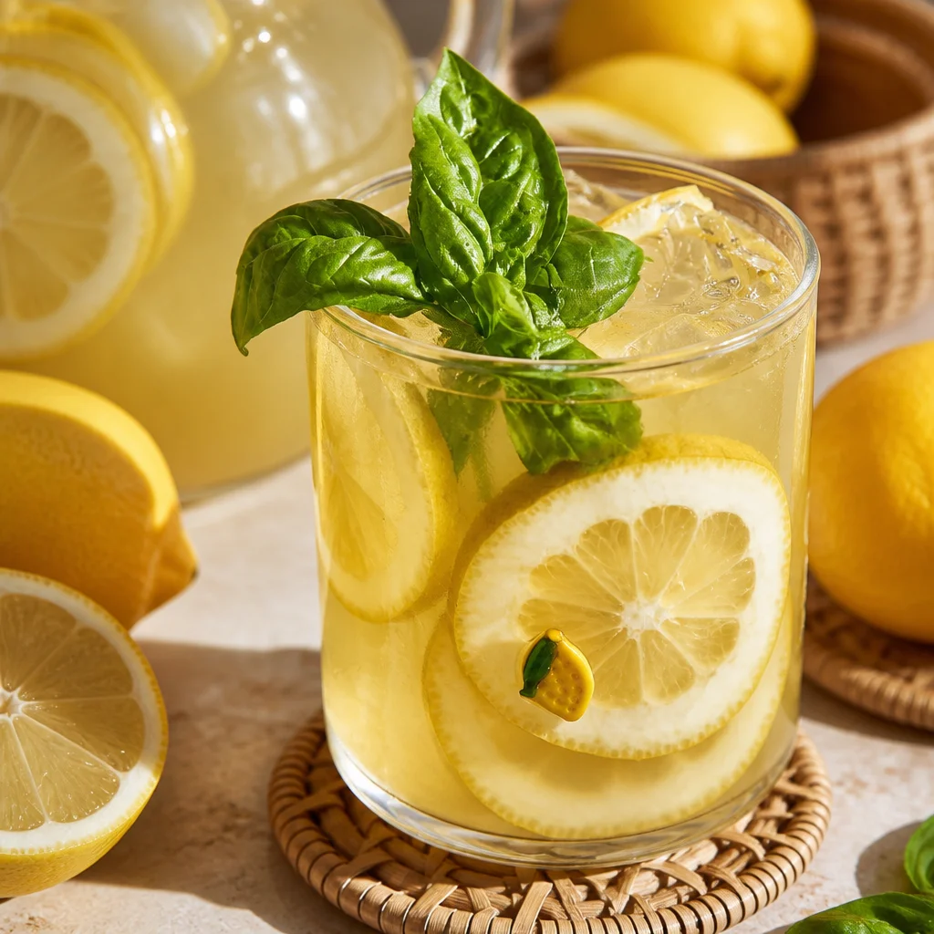 A refreshing glass of Honey Ginger Lemonade with lemon slices and ginger garnish.