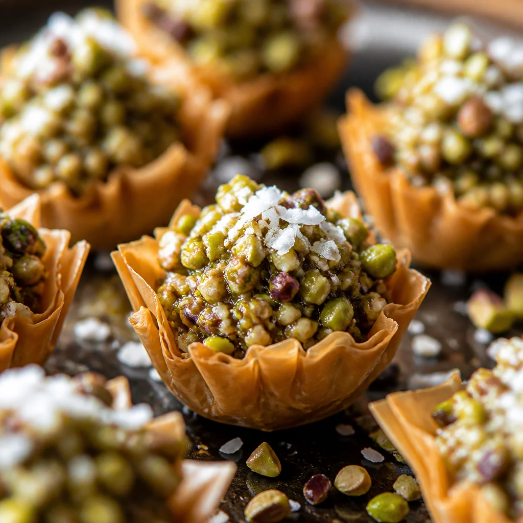 Honey Pistachio Baklava Cups topped with sweet syrup and garnished with pistachios.