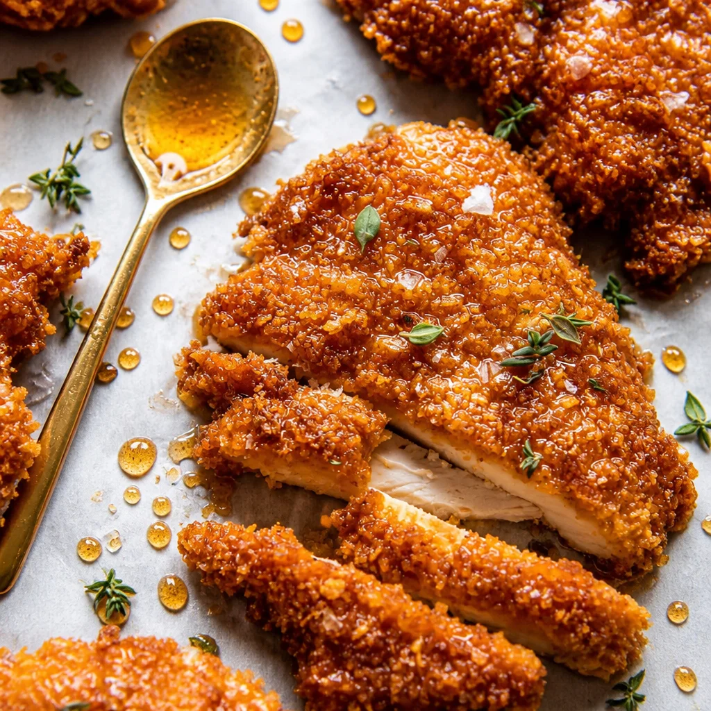 Baked Hot Honey Crispy Chicken garnished with herbs on a serving plate.