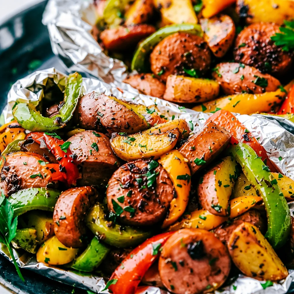Delicious Italian Sausage and Peppers Foil Packets cooking on the grill