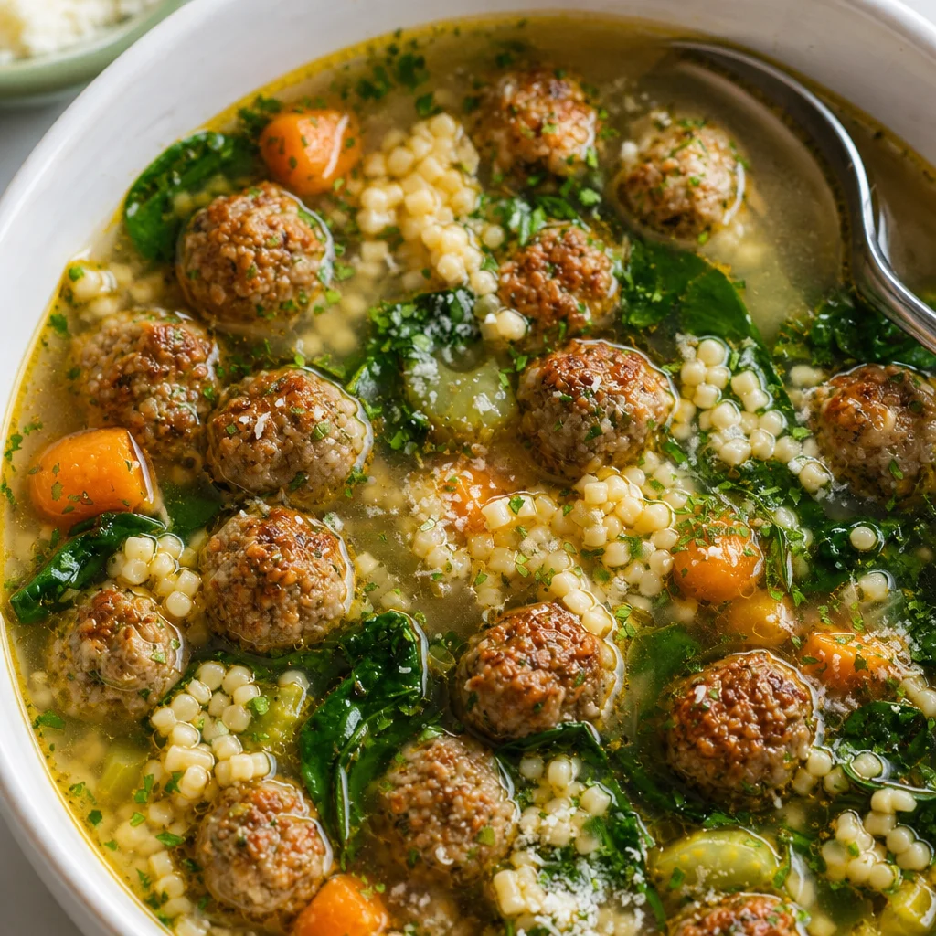 Italian Wedding Soup with Mini Meatballs in a nutritious broth full of spinach and pasta.