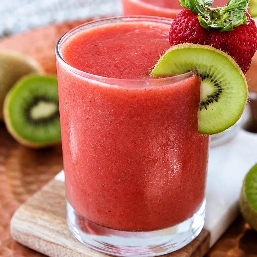 Refreshing Kiwi Strawberry Slush beverage blended with fresh fruits and ice.