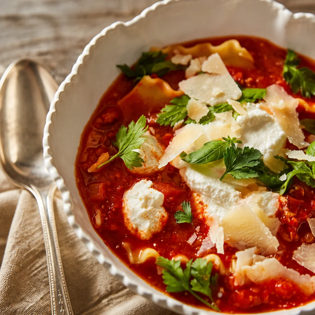 A bowl of hearty Lasagna Soup with Ricotta cheese on top.