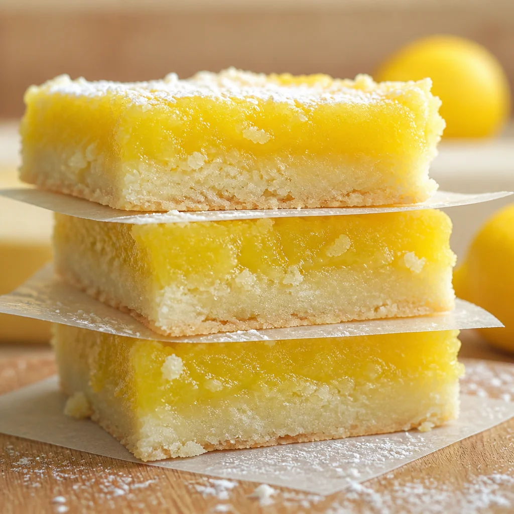 Delicious Lemon Bars with Shortbread Crust topped with powdered sugar.