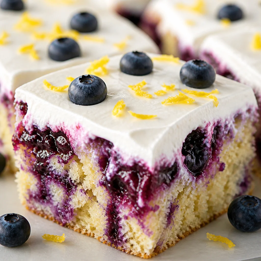 Moist and easy Lemon Blueberry Poke Cake with fresh blueberries and lemon cream frosting.