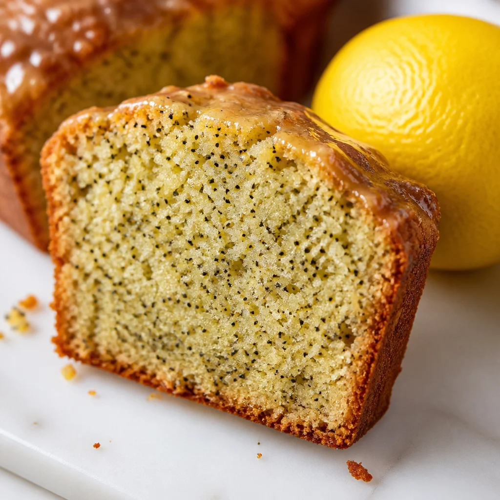 Lemon Poppy Seed Poke Cake with Glaze served on a plate, showcasing its moist texture and vibrant lemon flavor.