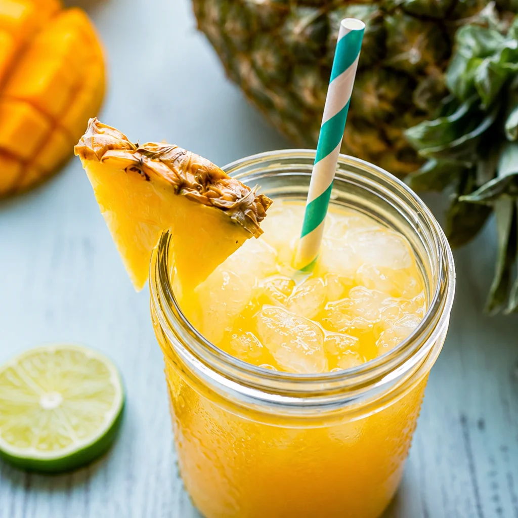 Mango Pineapple Agua Fresca made with fresh mangoes and pineapples in a pitcher.