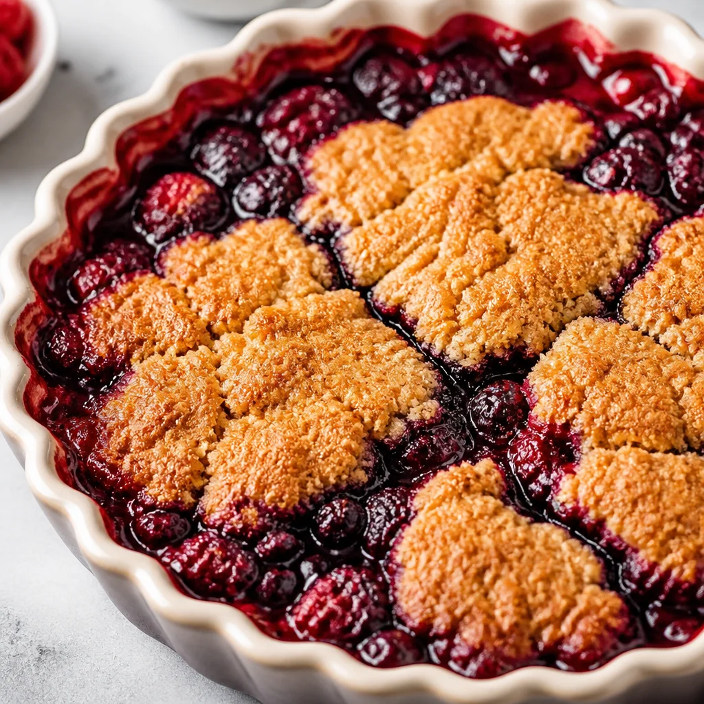 Mixed Berry Cobbler with Butter Crust served warm with ice cream