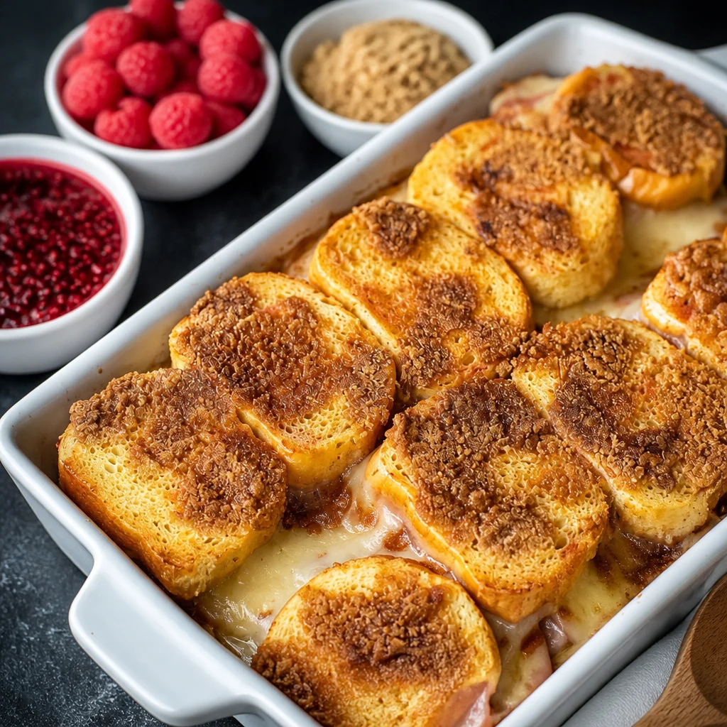 Delicious Monte Cristo Breakfast Casserole with ham, turkey, cheese, and bread layers.