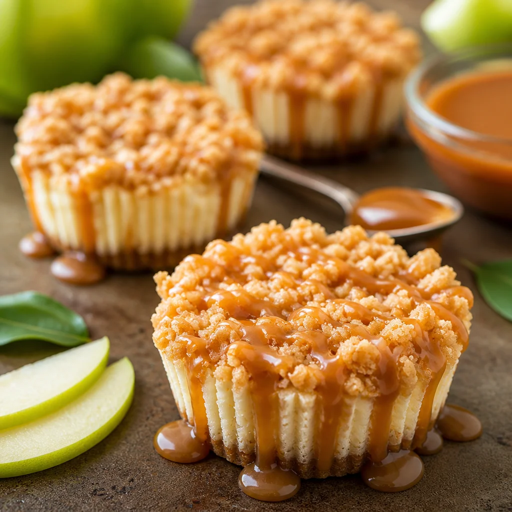 Delicious No-Bake Caramel Apple Cheesecake Cups topped with caramel and apple slices.