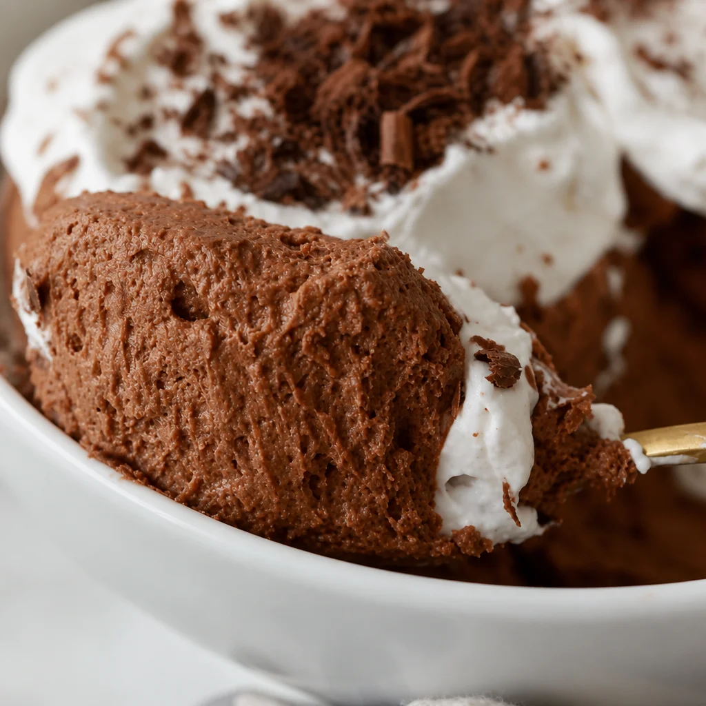Delicious no-bake chocolate mousse cups topped with whipped cream and chocolate shavings.