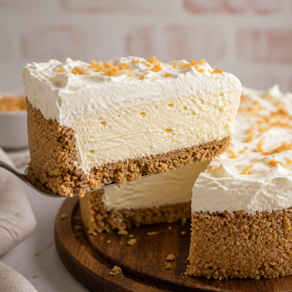 No-Bake Coconut Cream Cheesecake with a graham cracker crust and coconut topping.