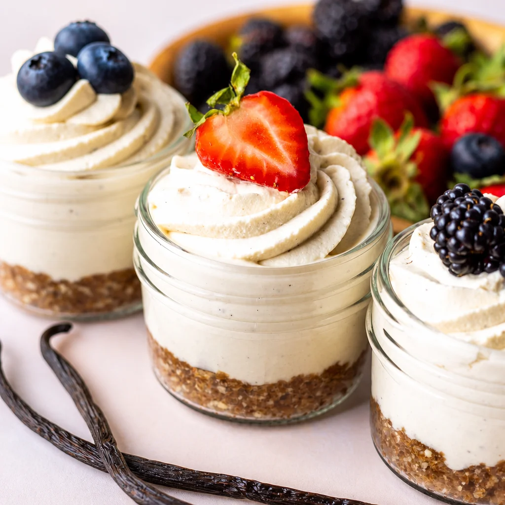 Delicious No-Bake Cottage Cheese Cheesecake topped with berries and a graham cracker crust.