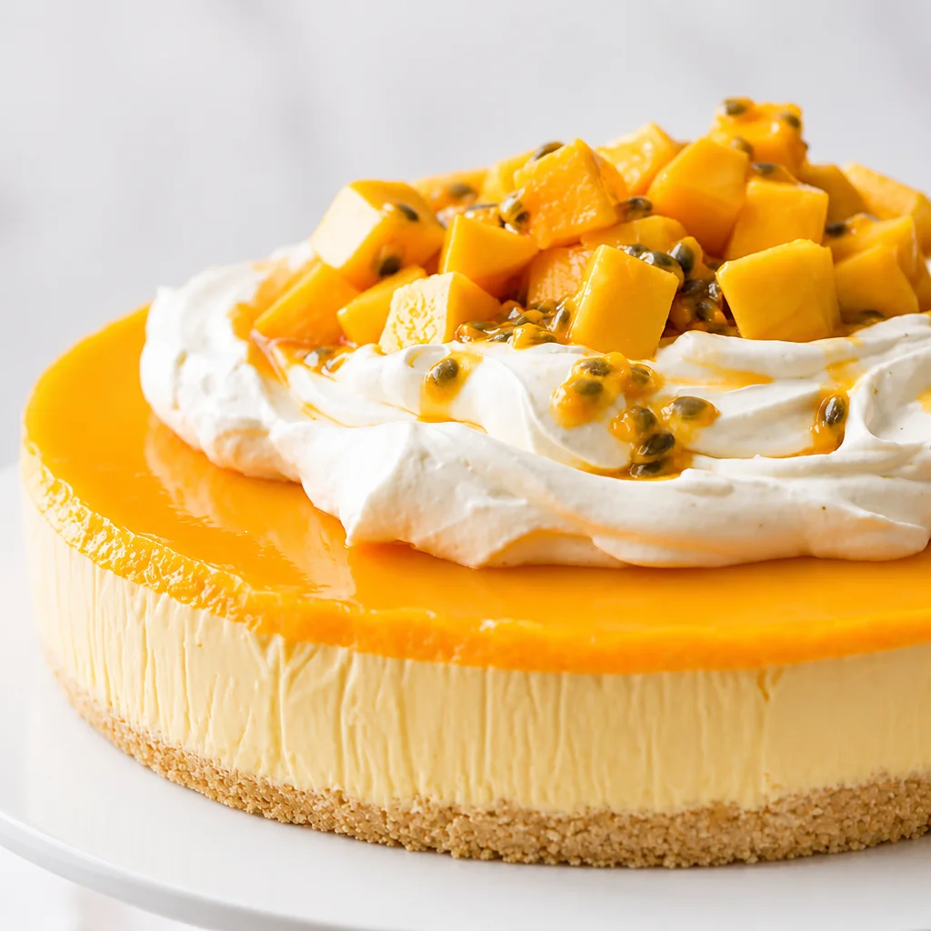 No-Bake Mango Cheesecake with Graham Crust topped with fresh mango slices