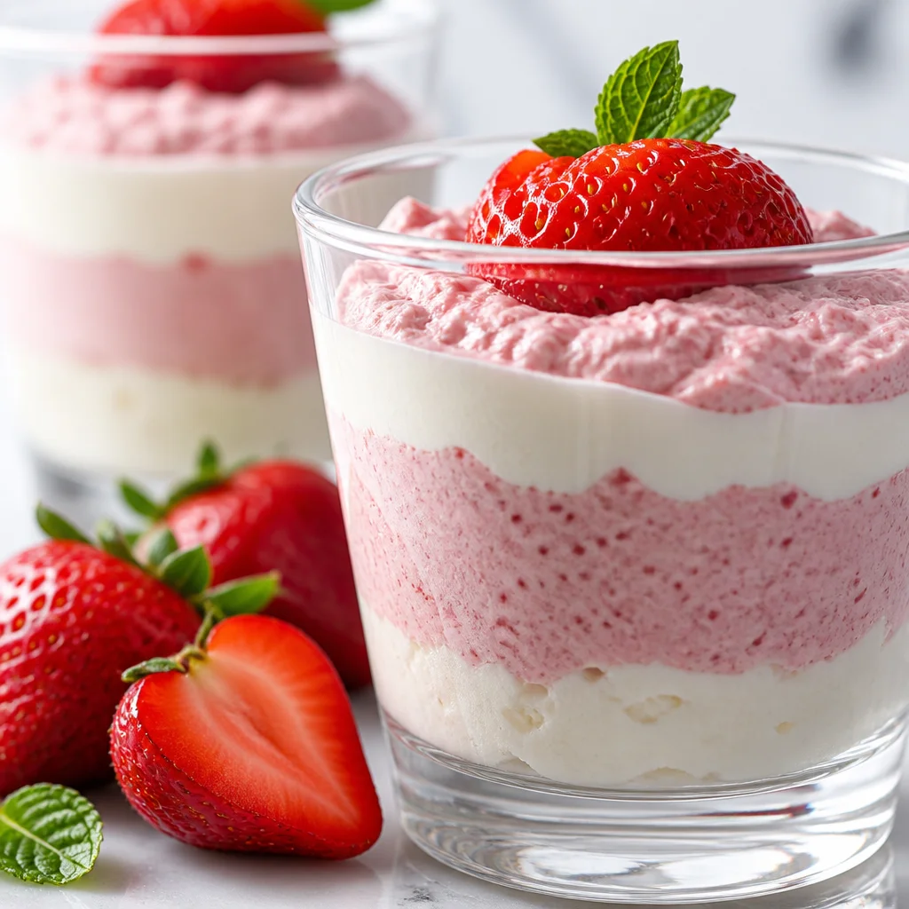 No-Bake Strawberry Mousse Cups topped with fresh strawberries in a glass dessert cup.