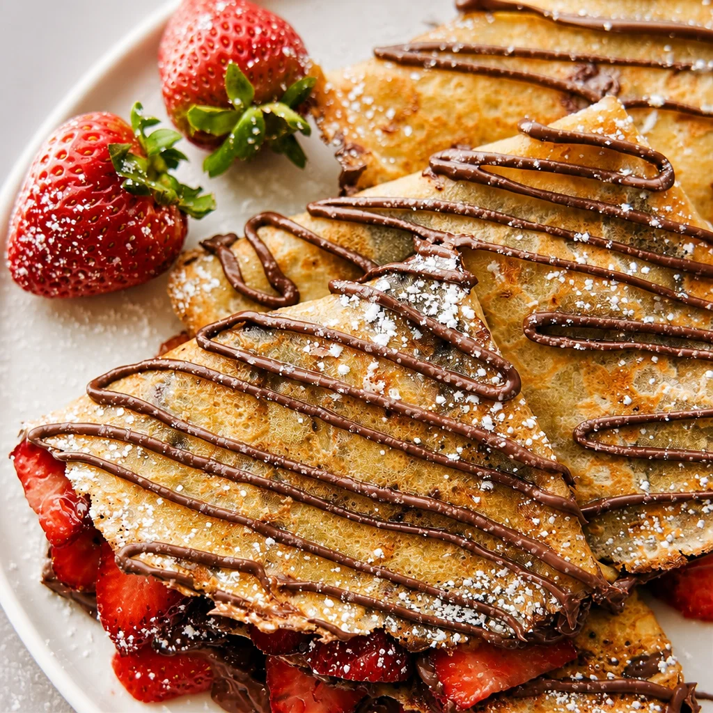Delicious Nutella crepes filled with fresh strawberries, perfect for breakfast or dessert.