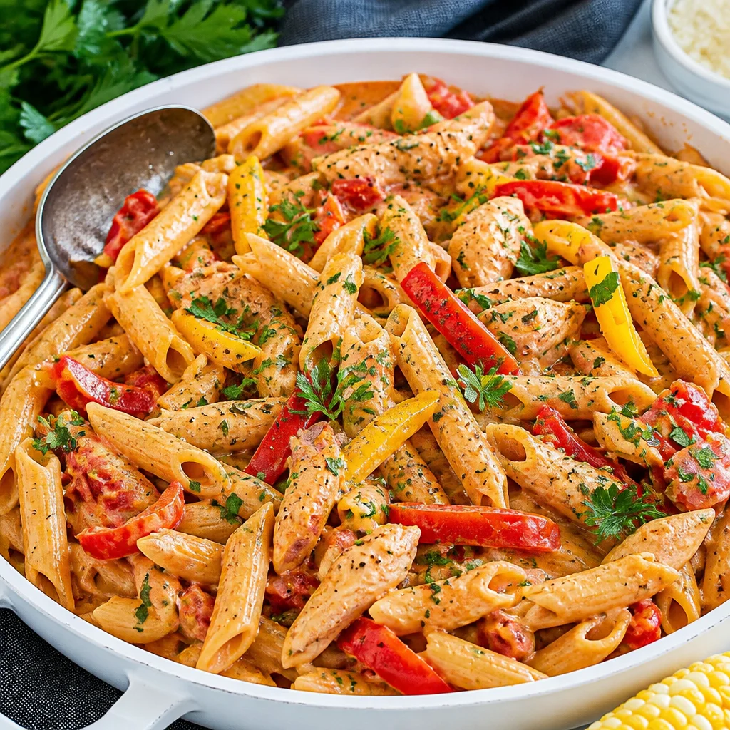 One Pan Cajun Chicken Pasta with chicken, peppers, and creamy sauce in a skillet.