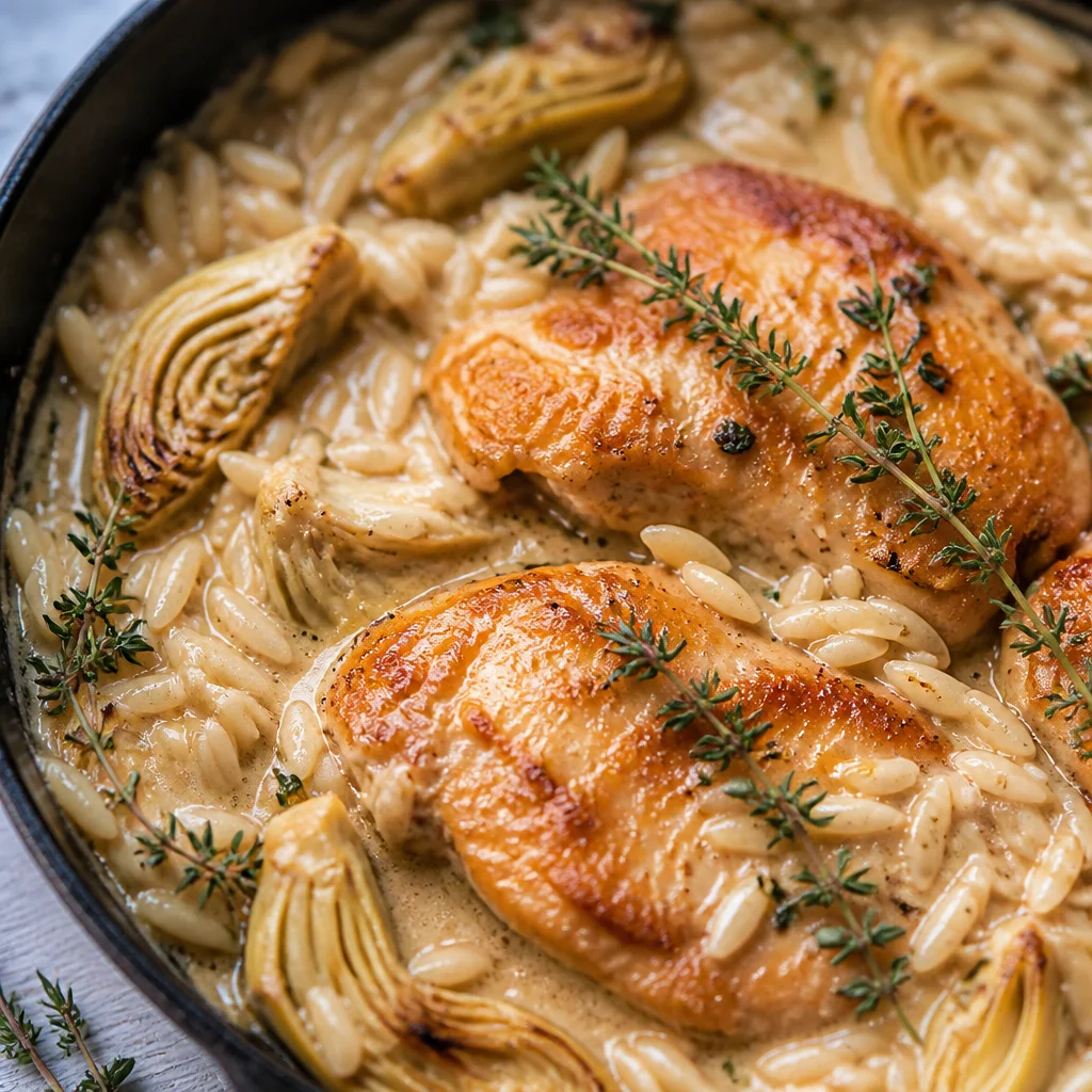 One Pan Creamy Spinach Artichoke Chicken with spinach and artichokes in a creamy sauce