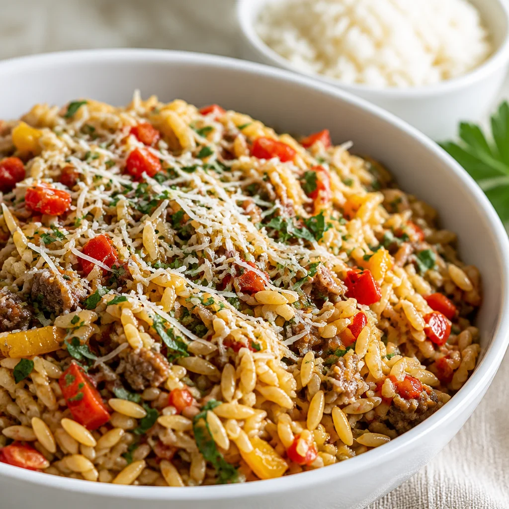 One Pan Italian Sausage and Peppers with Orzo recipe in a skillet with vibrant colors.
