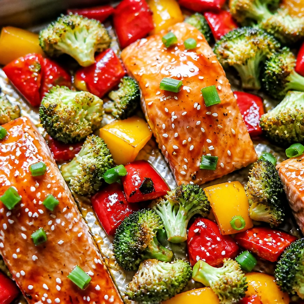 Delicious One Pan Teriyaki Salmon and Rice served with fresh vegetables