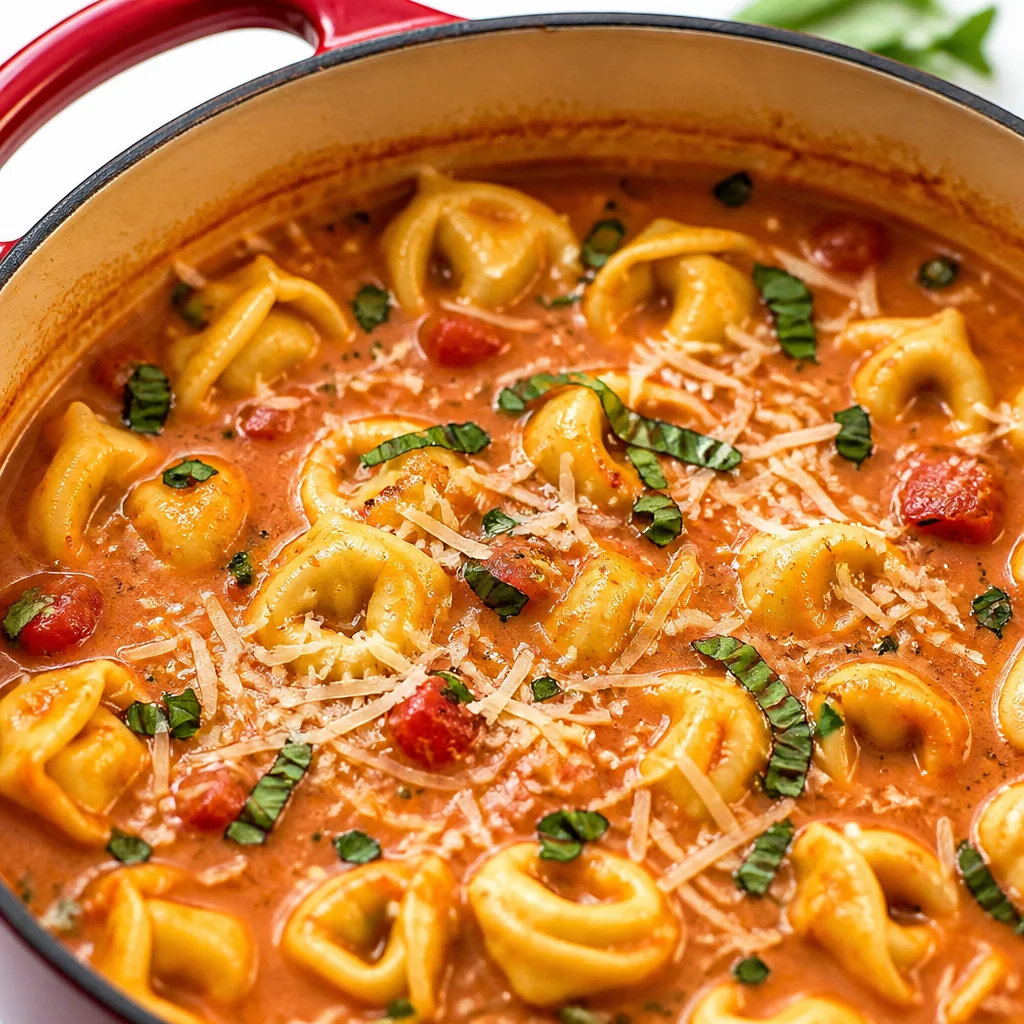 Bowl of One Pot Chicken Tortellini Soup with creamy broth and fresh vegetables.