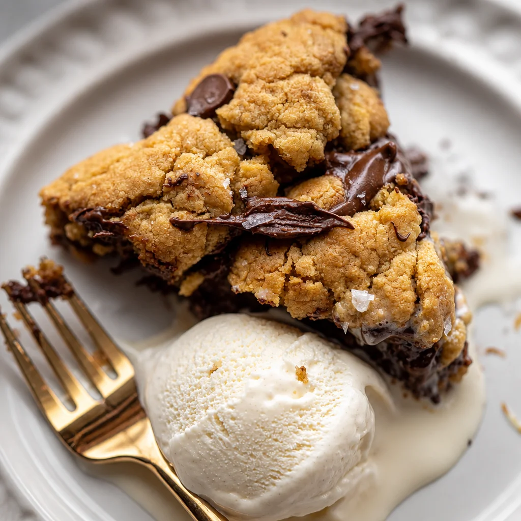 Delicious Pan Skillet Chocolate Chip Cookie served warm with ice cream.