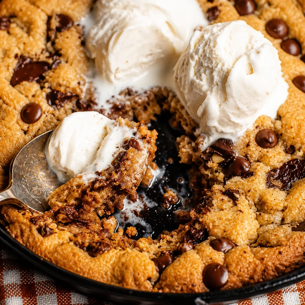 Delicious Pan-Style Skillet Chocolate Chip Cookie served warm with ice cream.