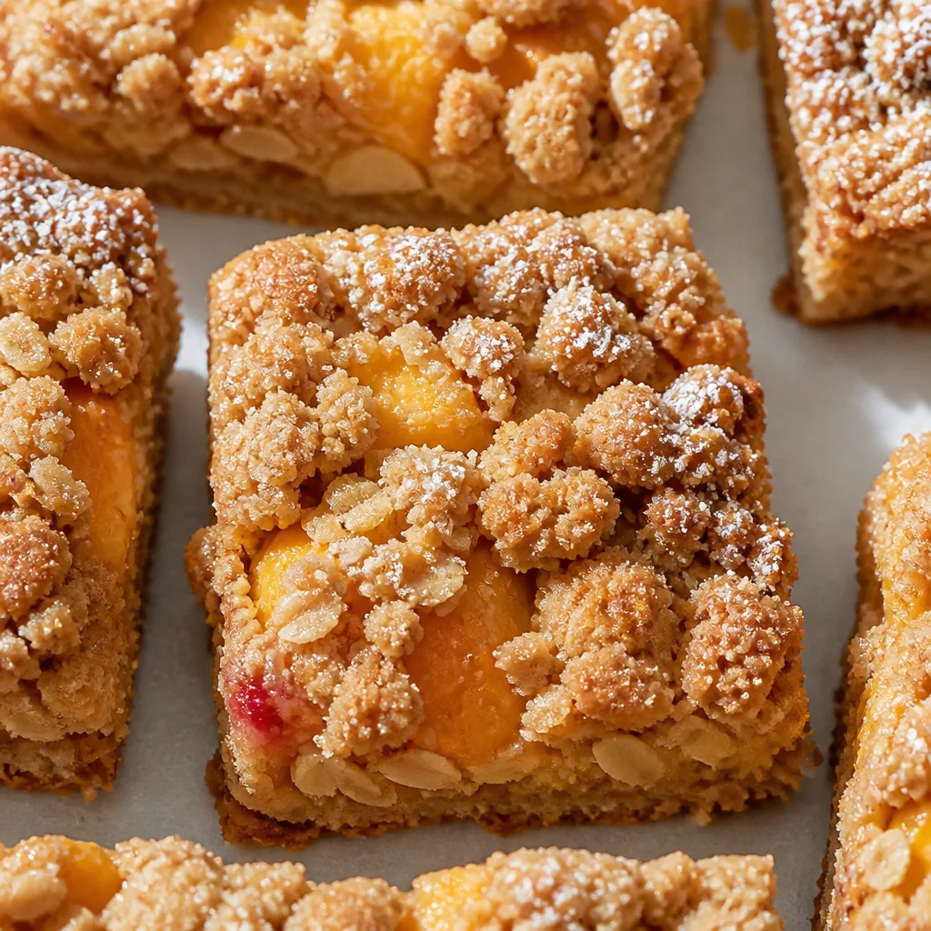 Delicious Peach Crumble Bars with Oat Topping ready to be enjoyed.