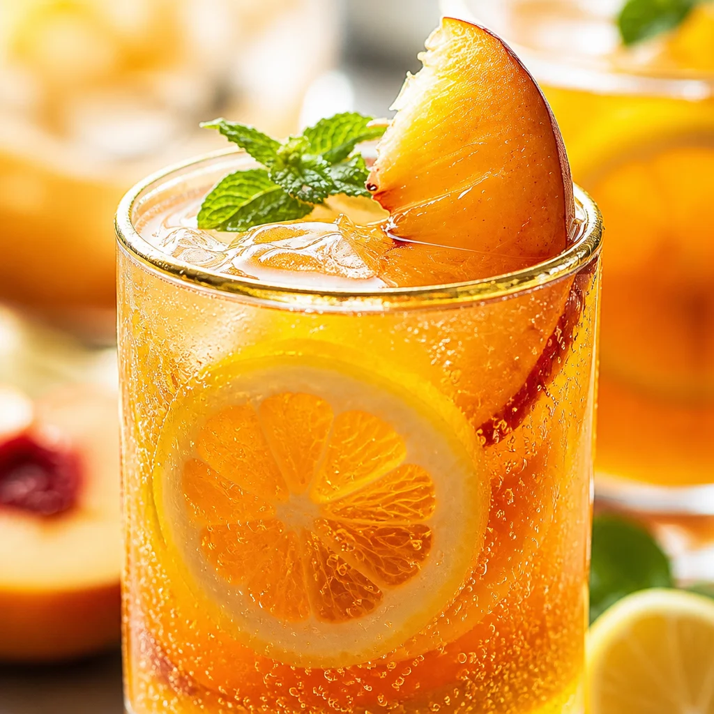 Refreshing Peach White Tea Lemonade in a glass on a summer day.