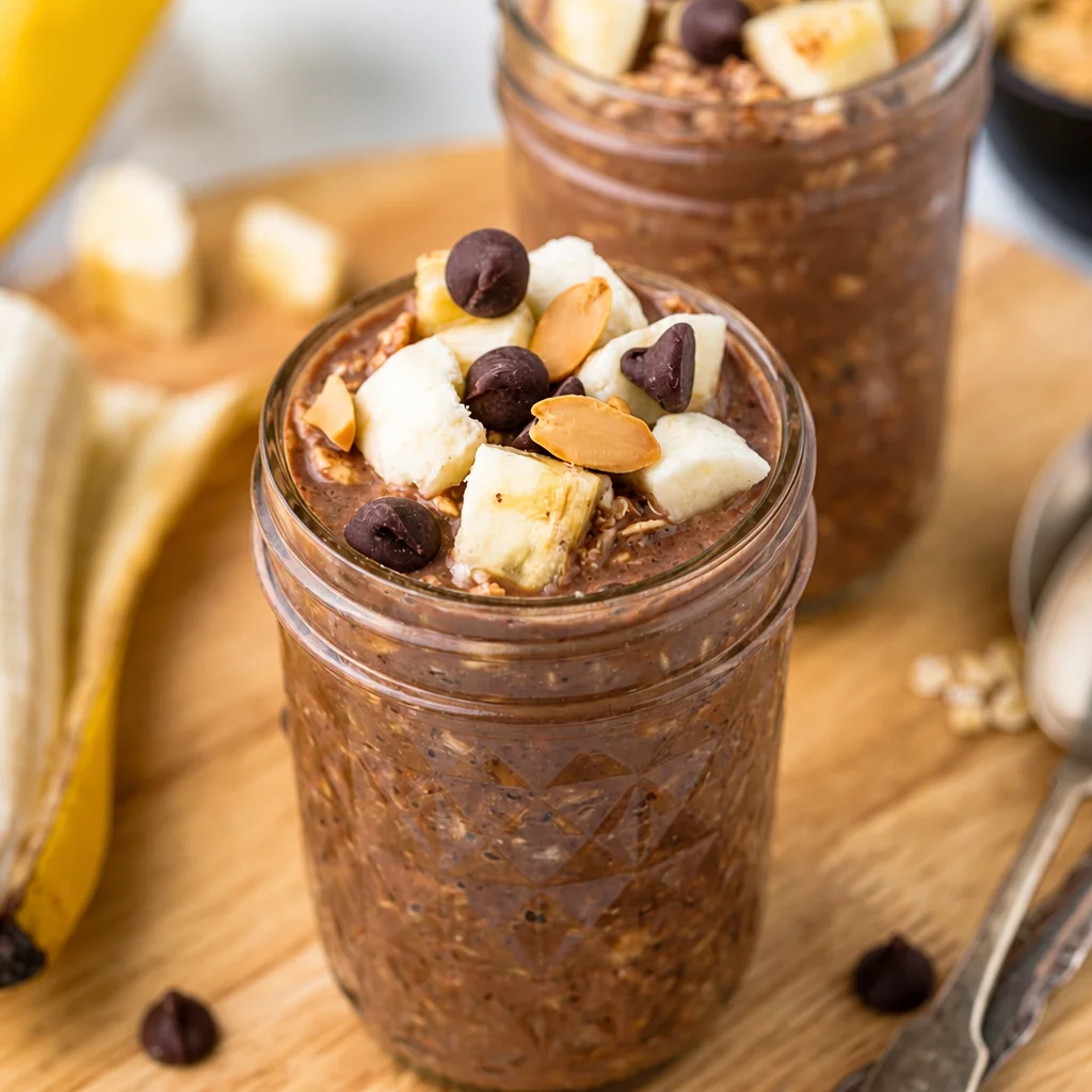 Peanut Butter Banana Overnight Oats with Chocolate topped with banana slices and cocoa nibs.